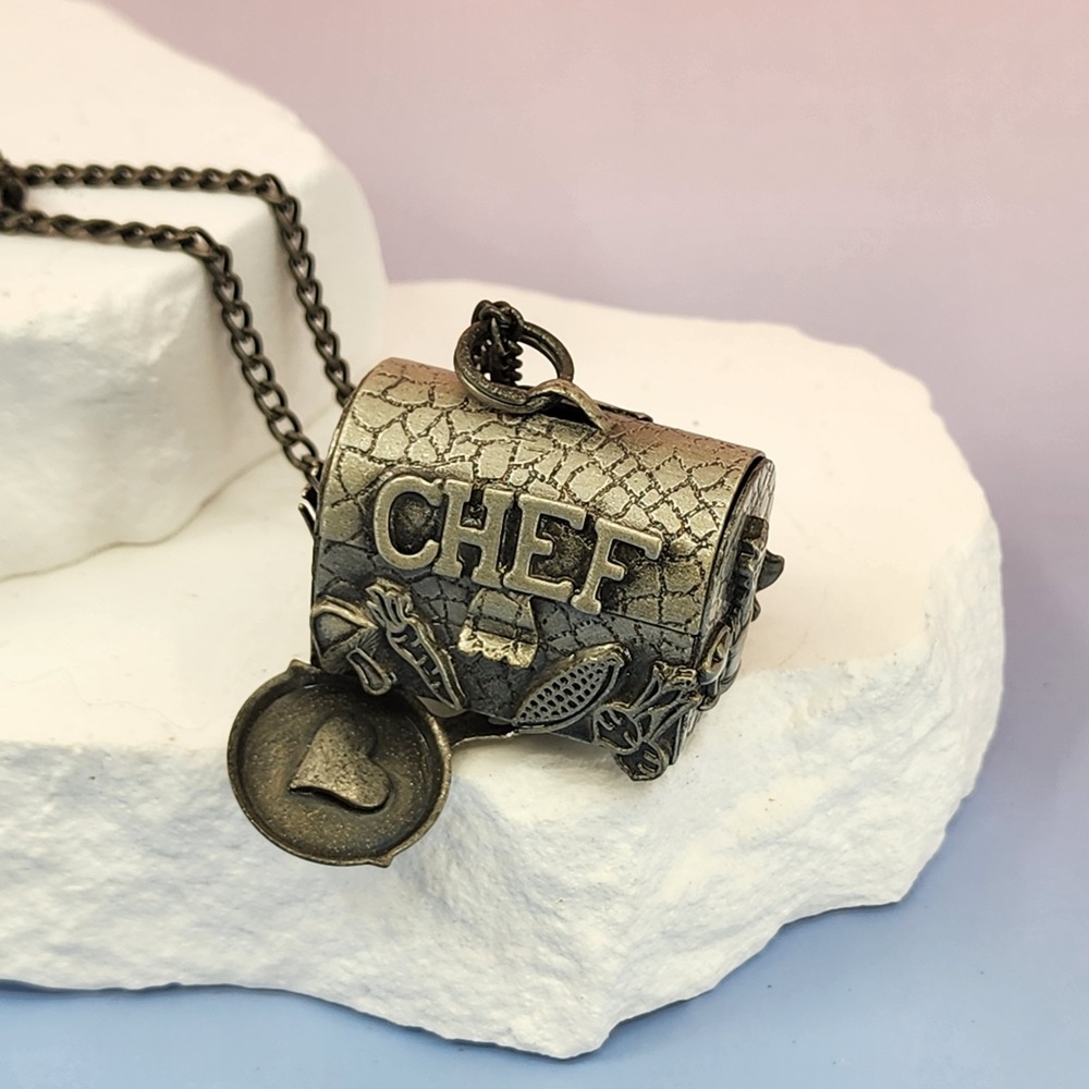 Metalsmith Chef Locket Pendant Necklace Bronze Tone Culinary Vintage Statement